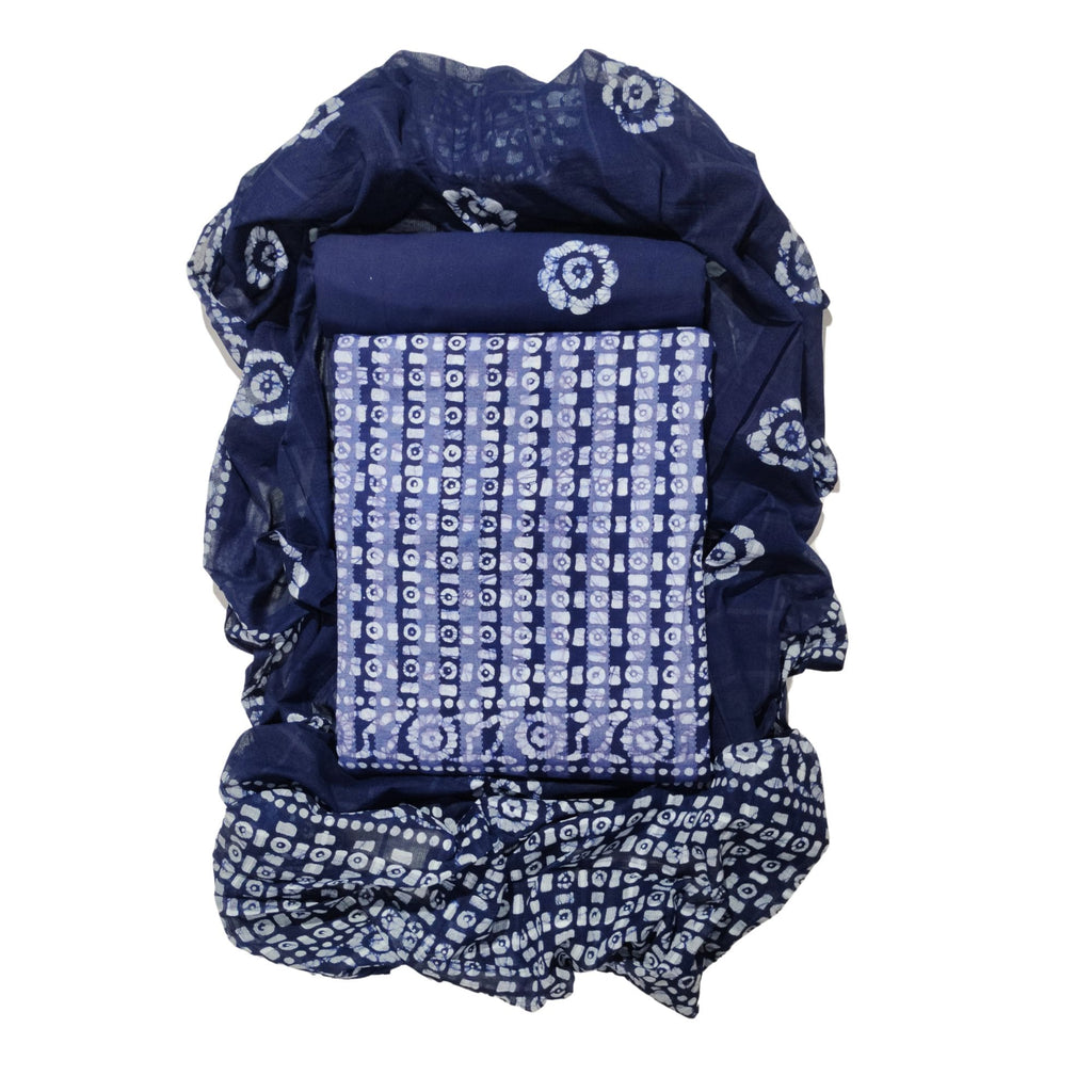 Navy Blue Printed Cotton Dress Material With Dupatta