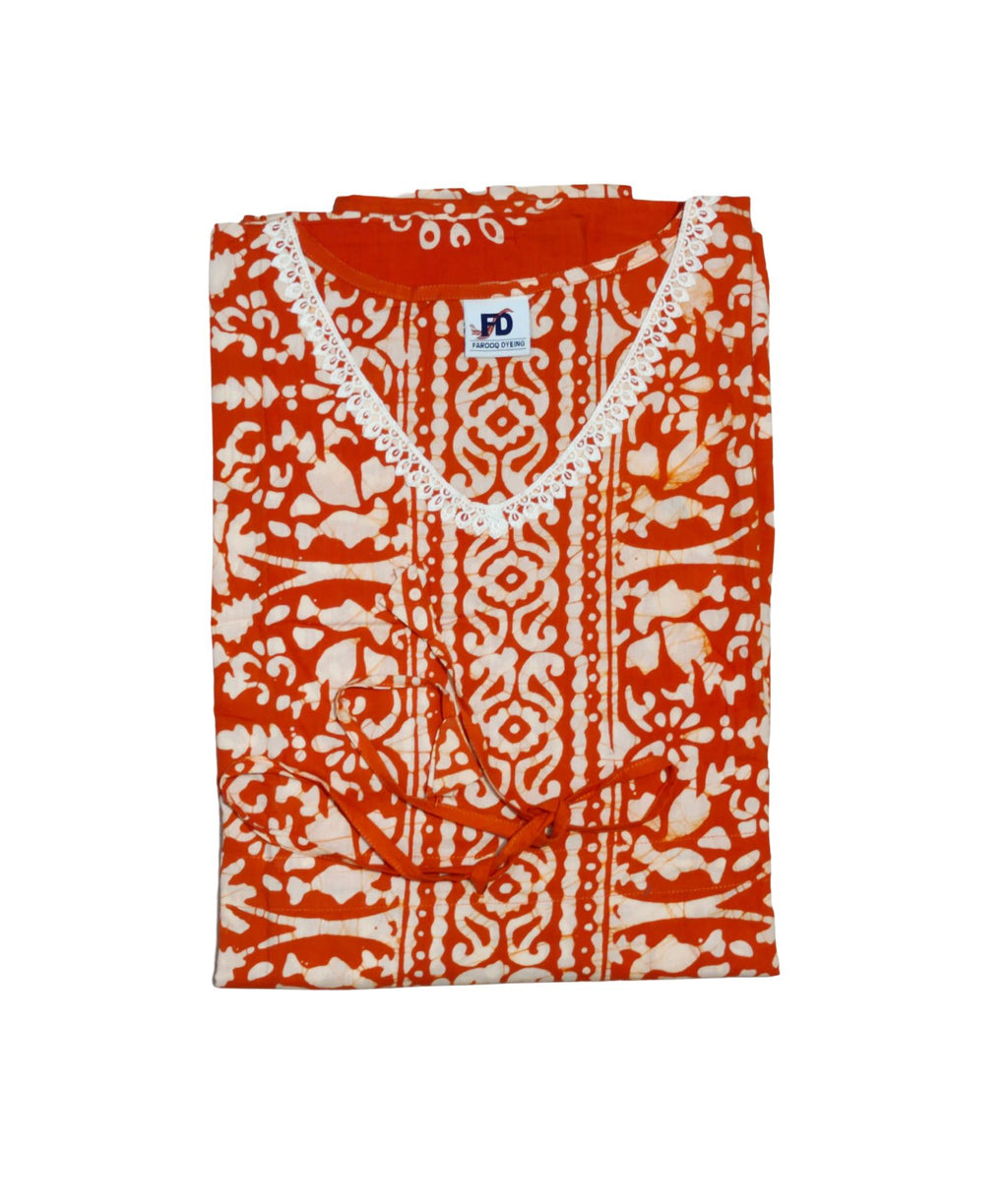Bombay Batik Pure Cotton Kaftan Hand Block Printing – Orange Colour