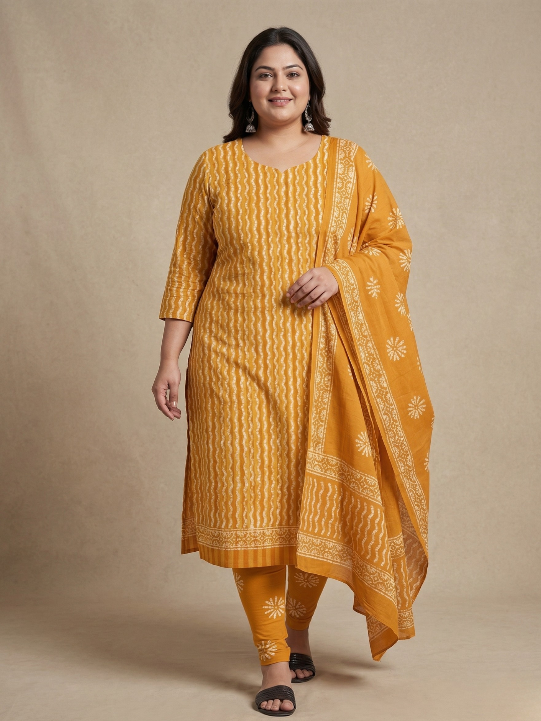 Yellow Floral Cotton Batik Print Plus Size Dress Material