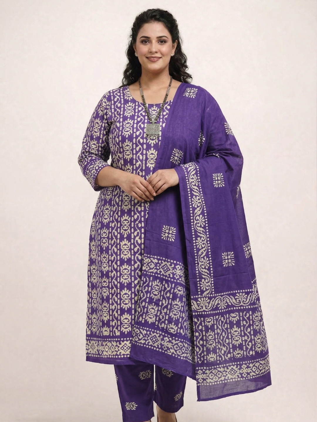 Purple Soft Cotton Batik Print Plus Size Dress Material