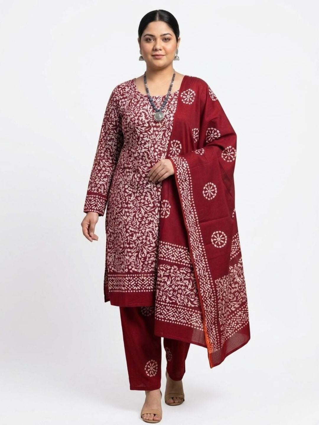 Red Vibrant Cotton Batik Print Plus Size Dress Material