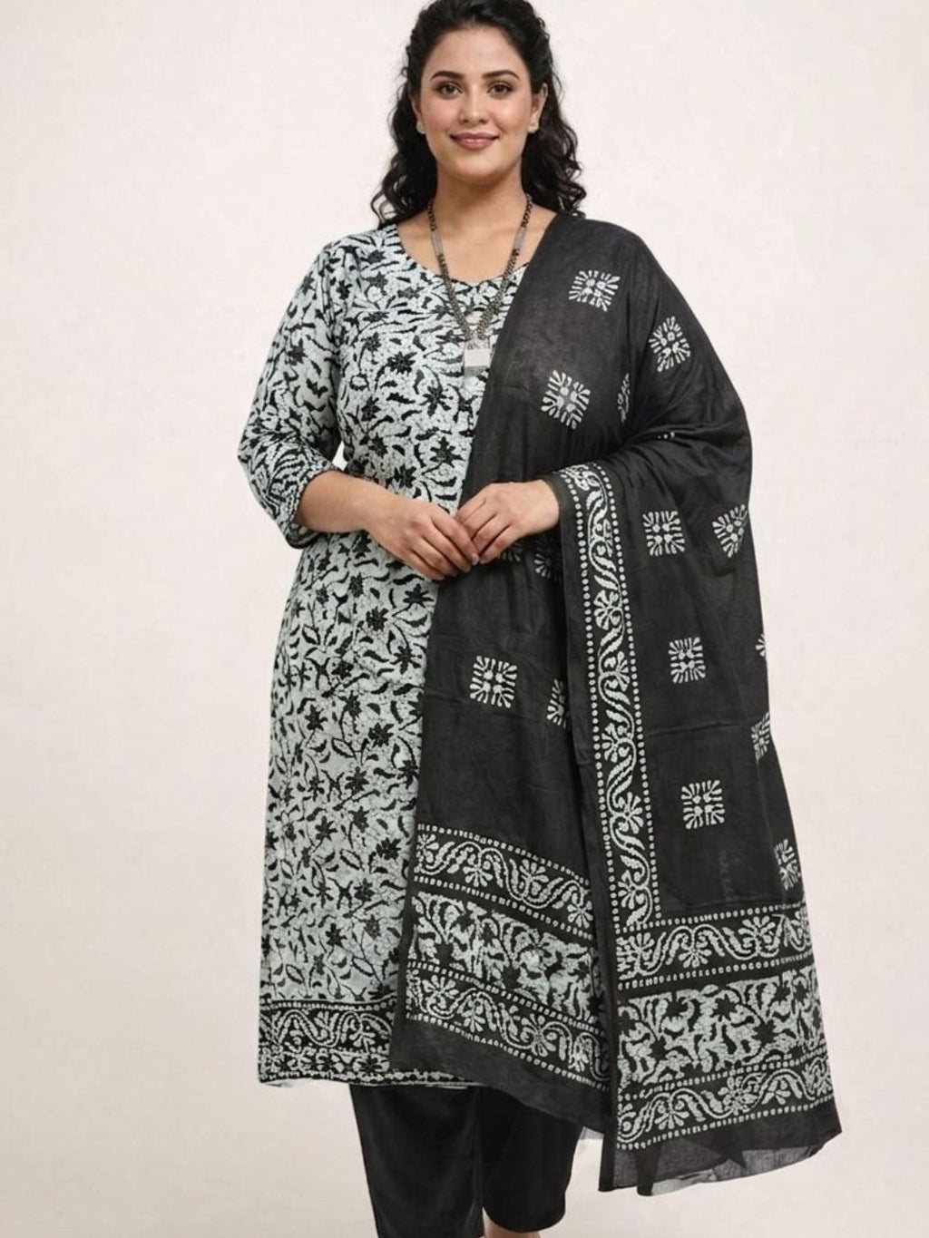 Black Premium Cotton Batik Print Plus Size Dress Material