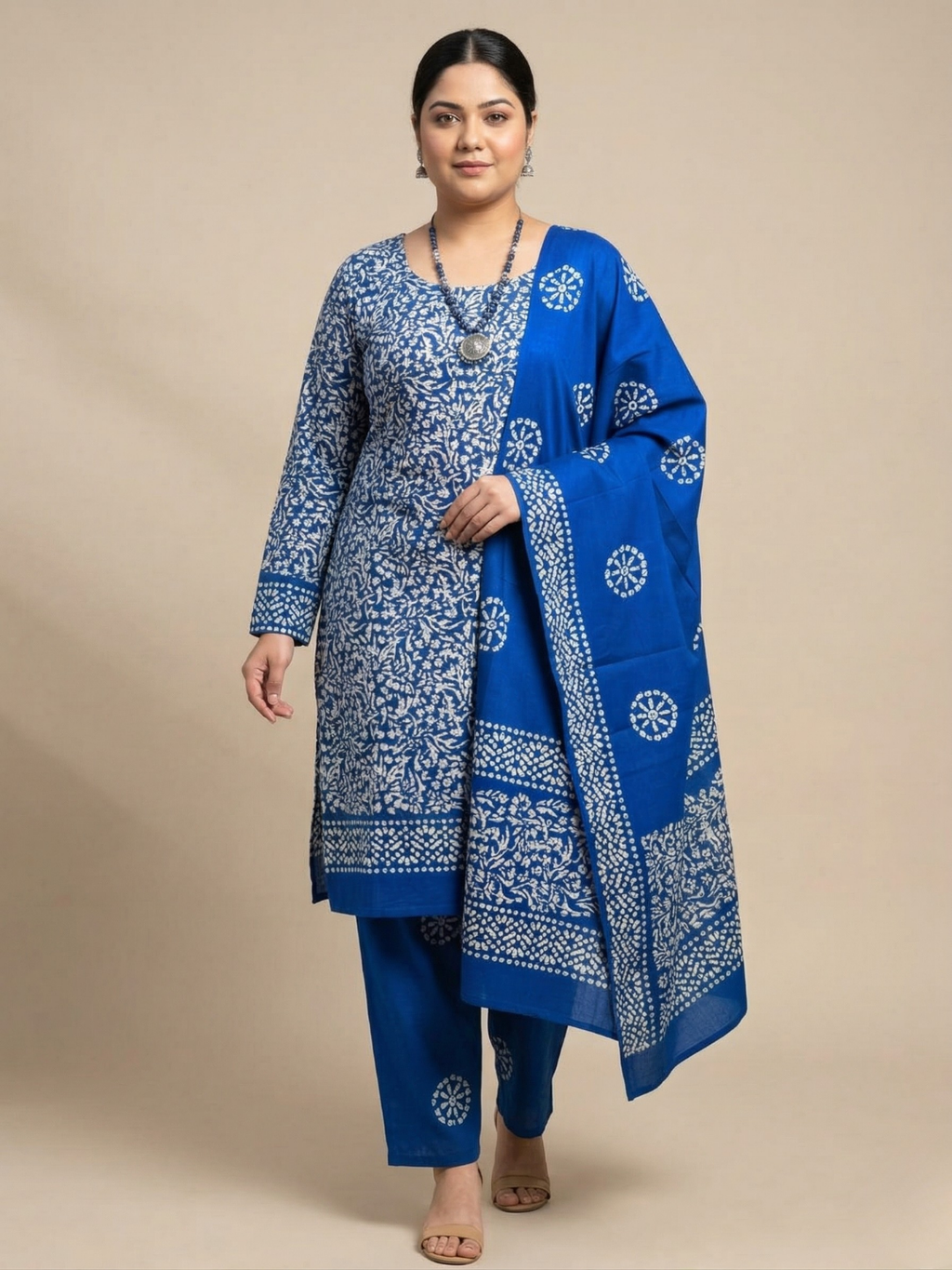Blue Smooth Cotton Batik Print Plus Size Dress Material