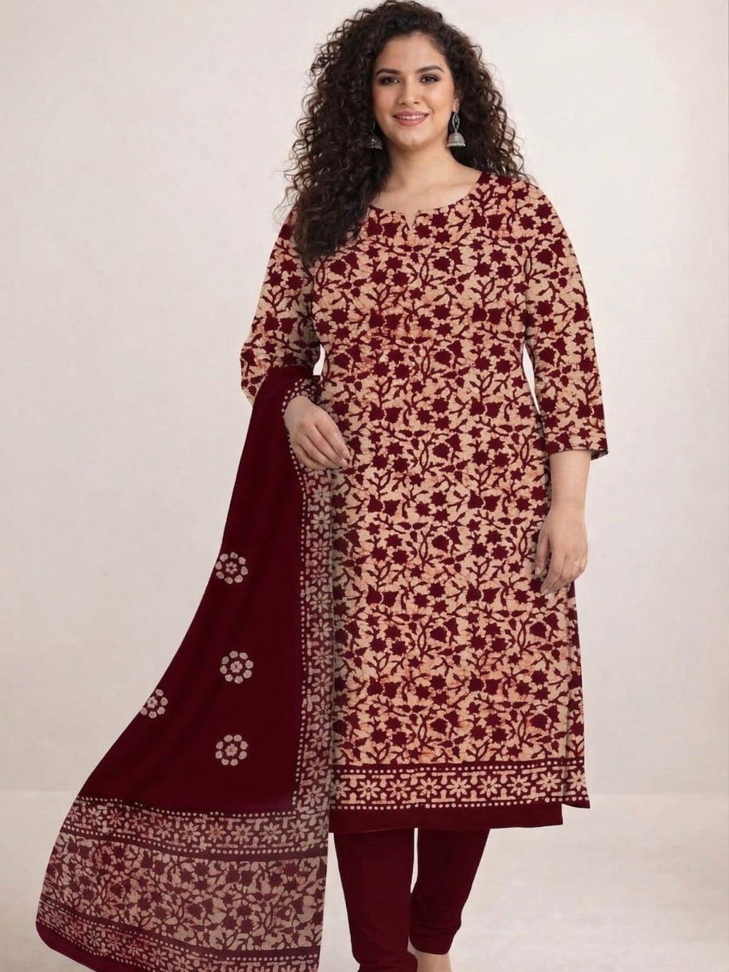 Maroon Vibrant Cotton Batik Print Plus Size Dress Material
