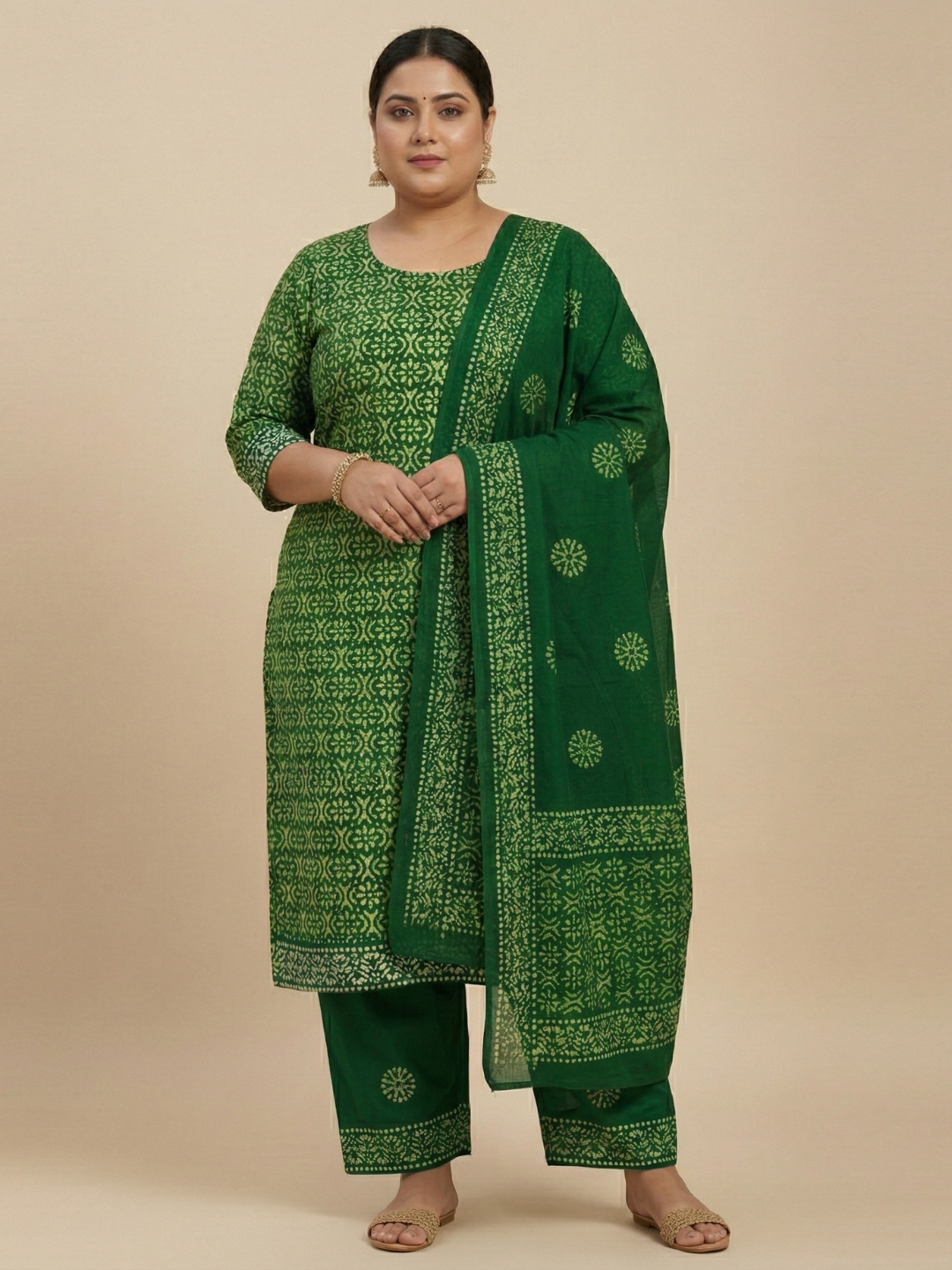 Green Elegant Cotton Batik Print Plus Size Dress Material