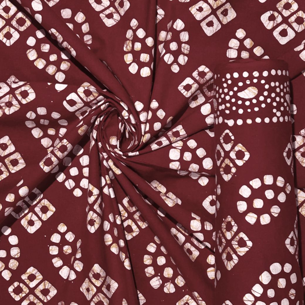 Refined Maroon Hand Batik Print Pure Cotton Fabric – 3 meters (Top Stitching)