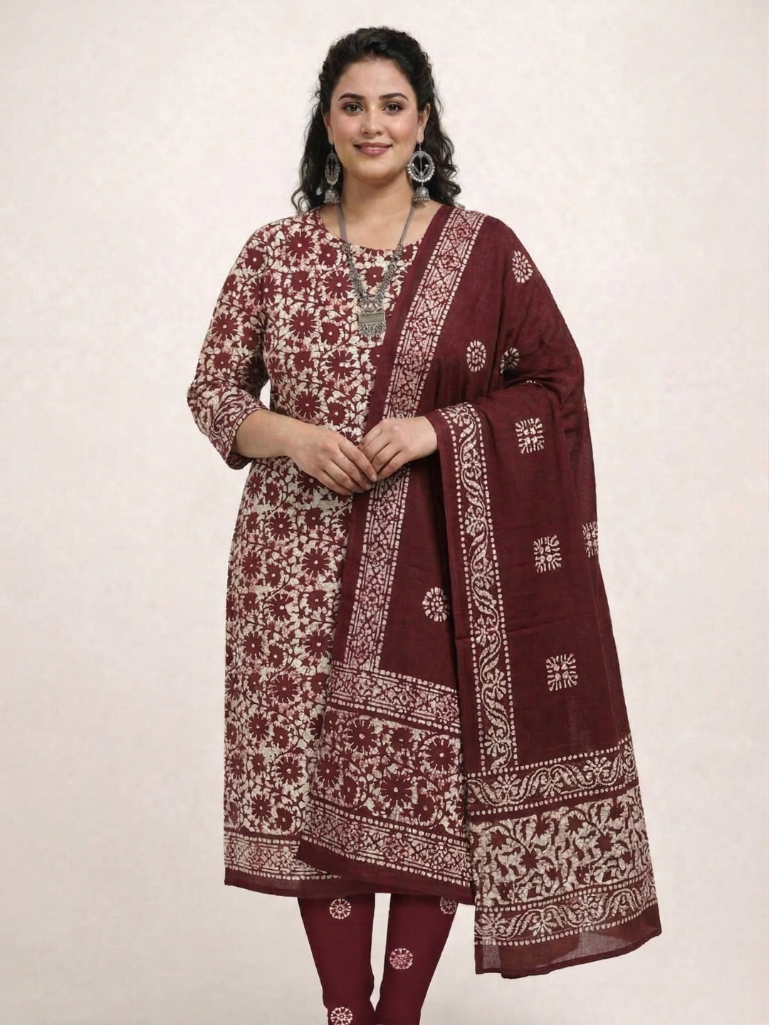 Maroon Floral Cotton Batik Print Plus Size Dress Material