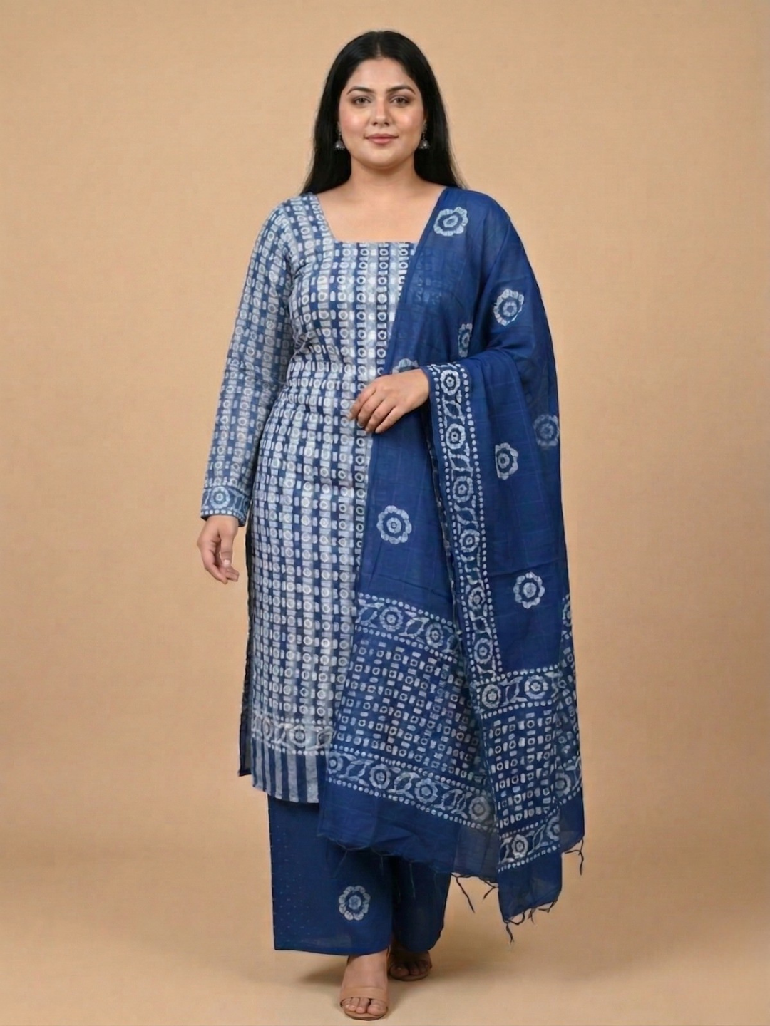 Blue Geometric Cotton Batik Print Plus Size Dress Material