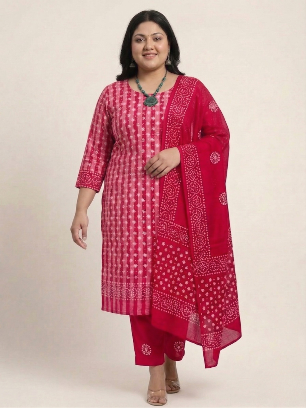 Pink Floral Cotton Batik Print Plus Size Dress Material