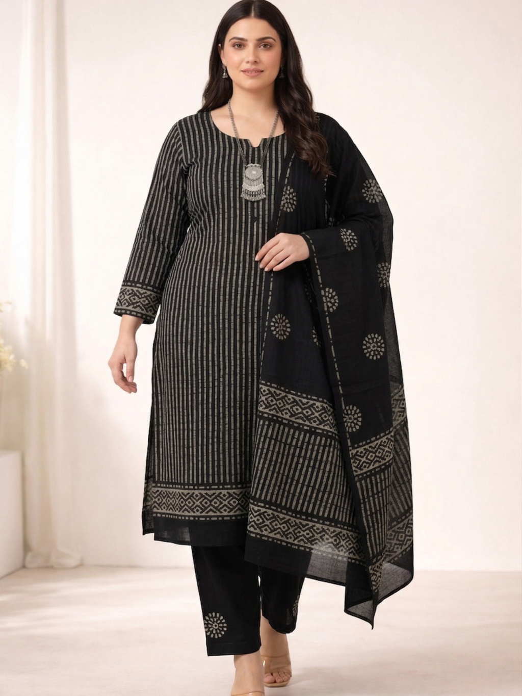 Black Elegant Cotton Batik Print Plus Size Dress Material