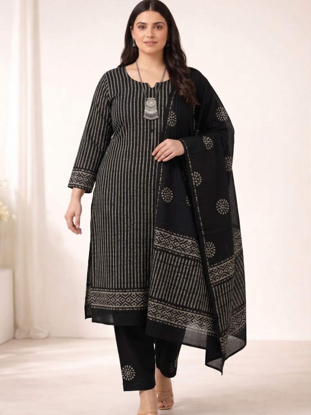 Black Elegant Cotton Batik Print Plus Size Dress Material