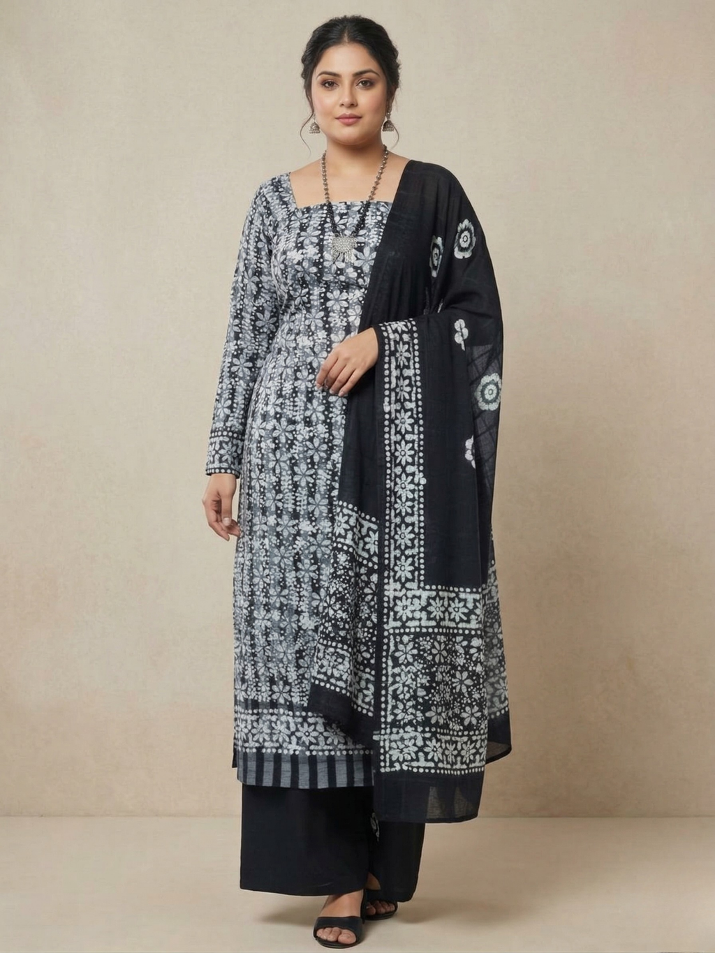 Black Soft Cotton Batik Print Plus Size Dress Material