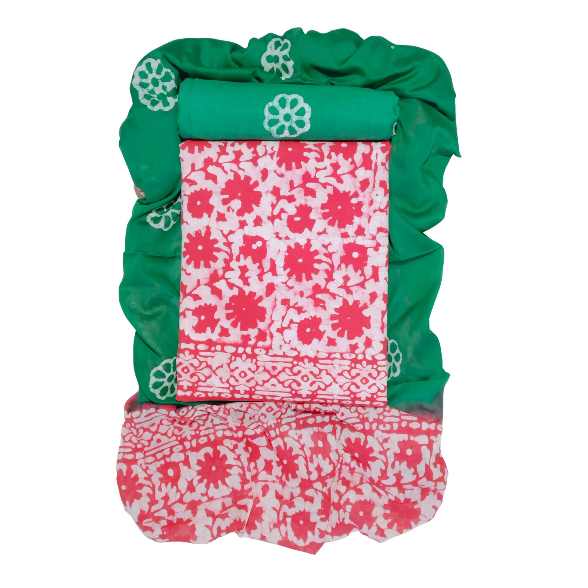 Pink & Green  Soft  Printed Cotton Dress Material With Dupatta