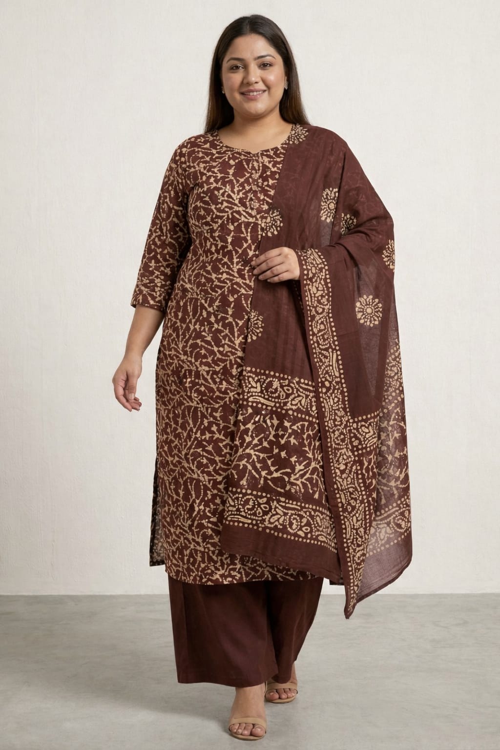 Coffee Elegant Cotton Batik Print Plus Size Dress Material