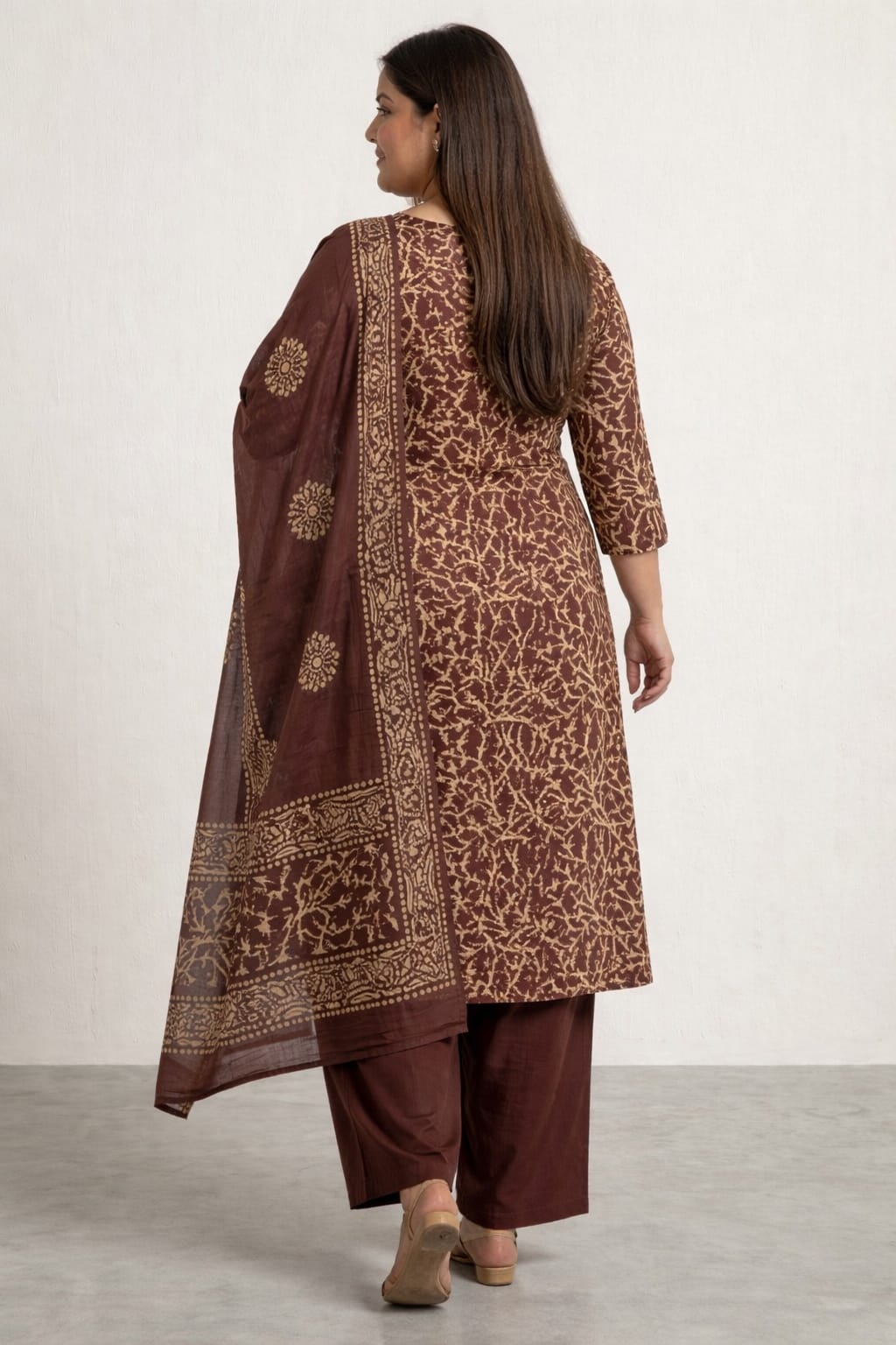 Coffee Elegant Cotton Batik Print Plus Size Dress Material