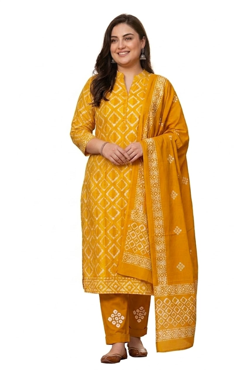 Yellow Soft Cotton Batik Print Plus Size Dress Material