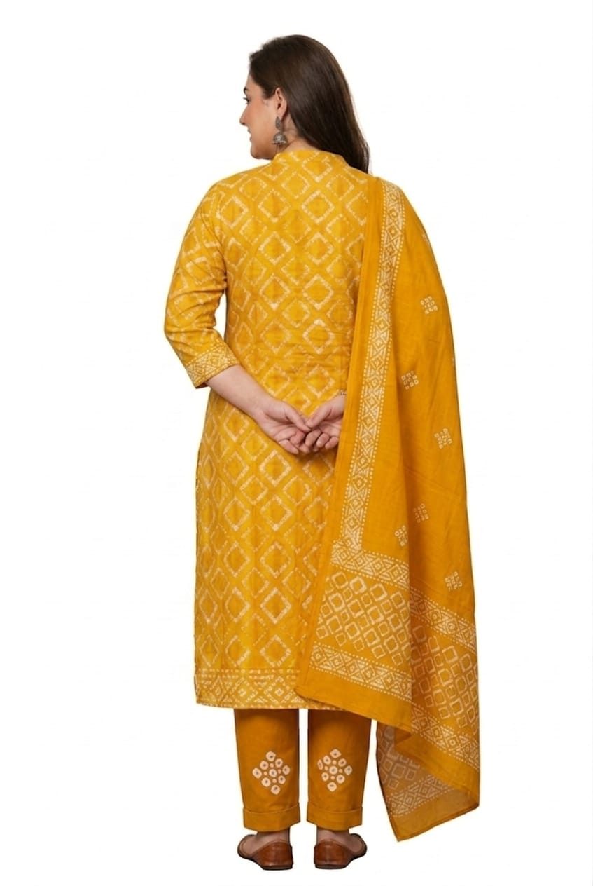 Yellow Soft Cotton Batik Print Plus Size Dress Material