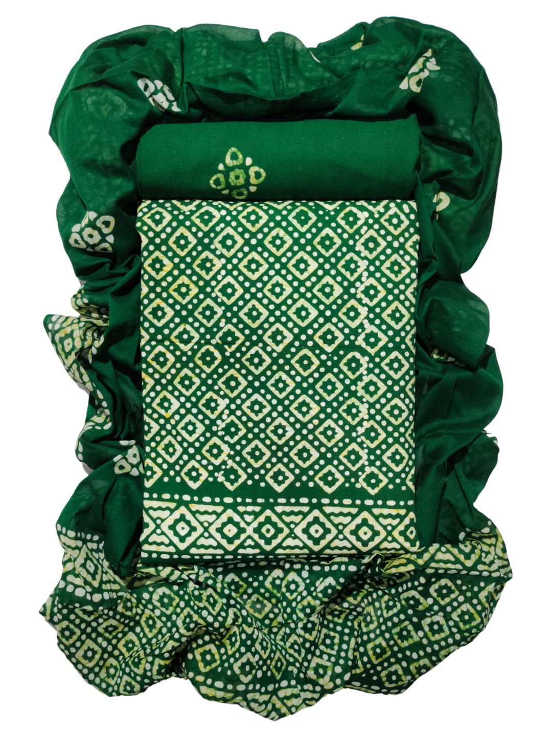 Green Unstitched  Printed Cotton Suit Set With Dupatta