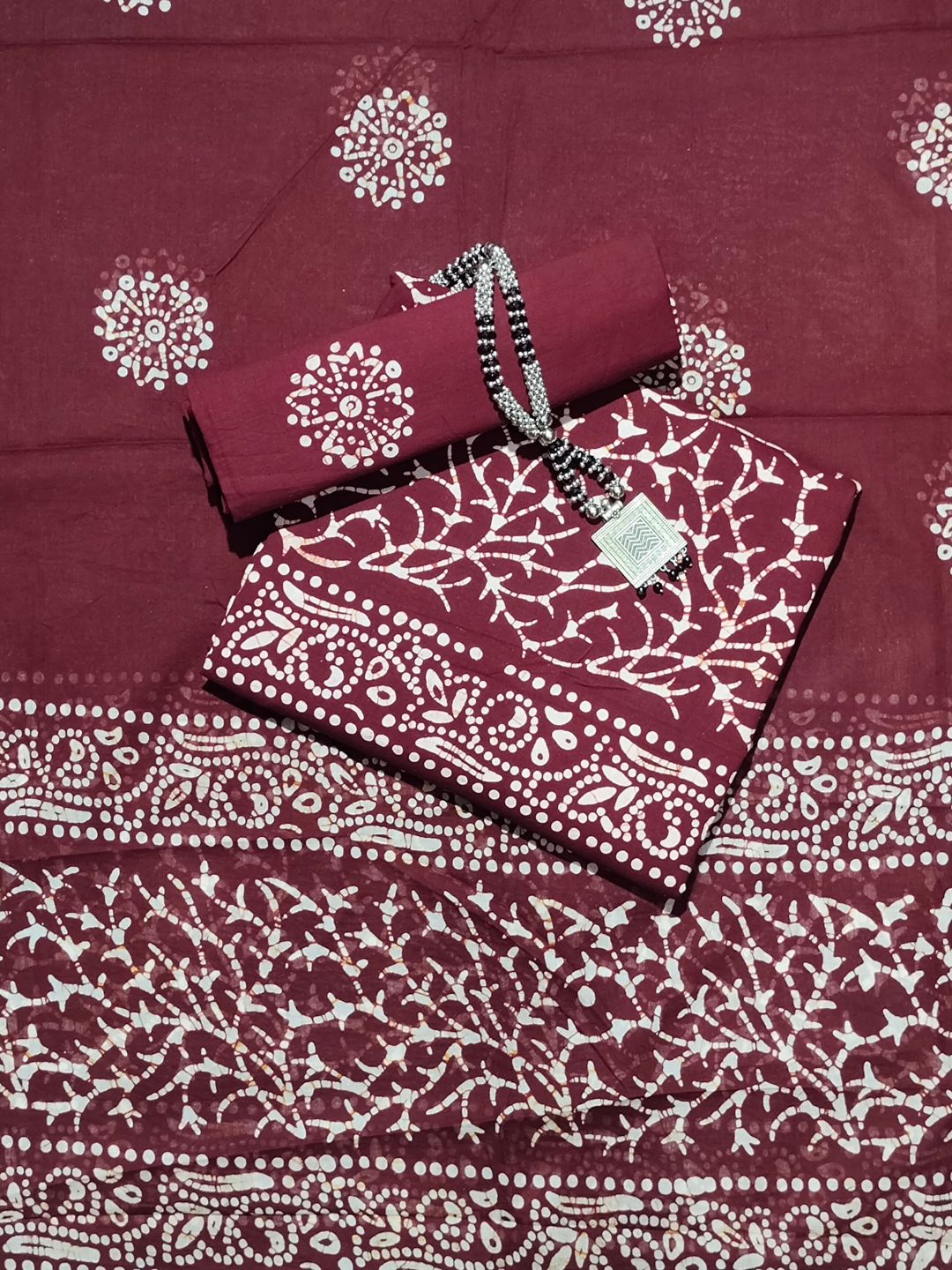 Bombay Batik Pure Cotton Dress Material Manual Wax Dye Process – Maroon Colour