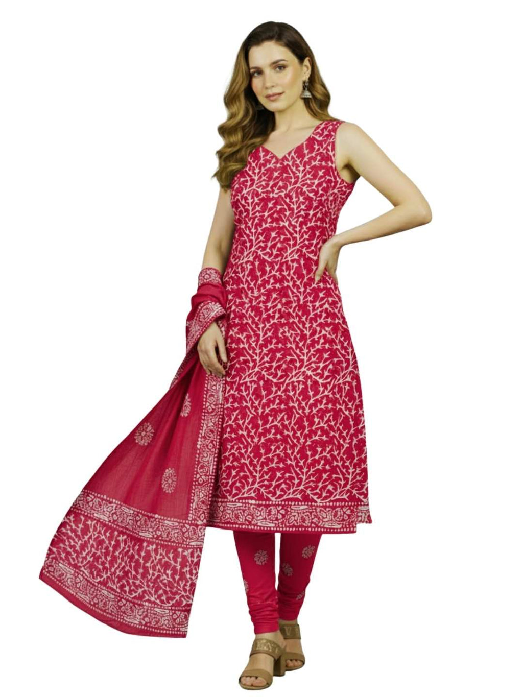 Bombay Batik Pure Cotton Dress Material Hand-Painted Batik Motifs – Pink Colour