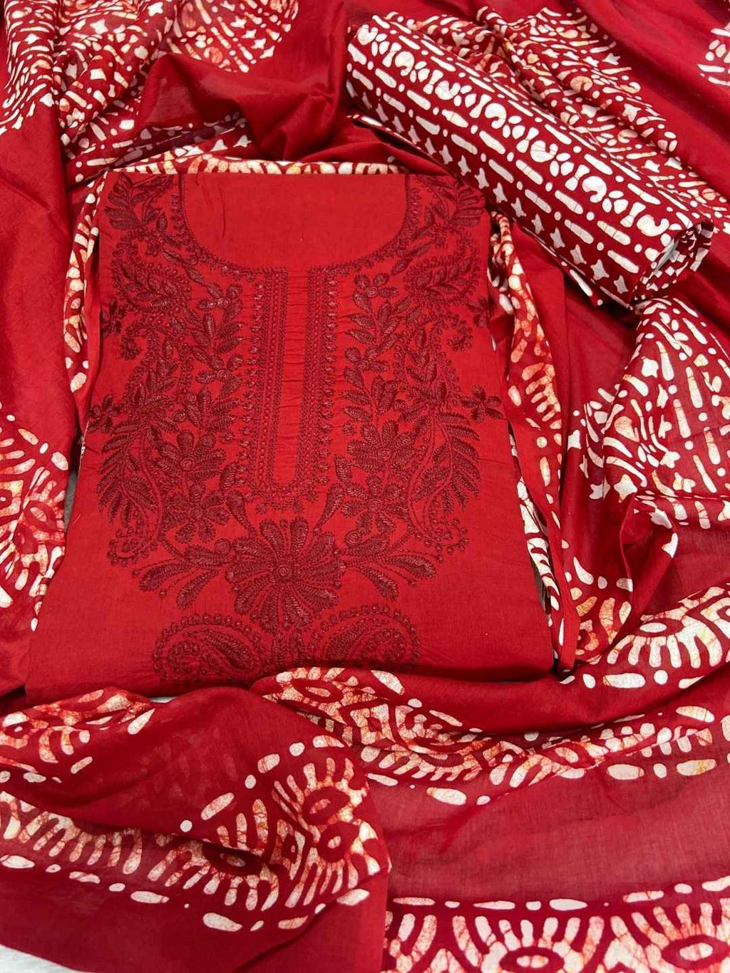 Bombay Batik Pure Cotton Dress Material Handblock Printed Lucknowi Batik – Red   Batik