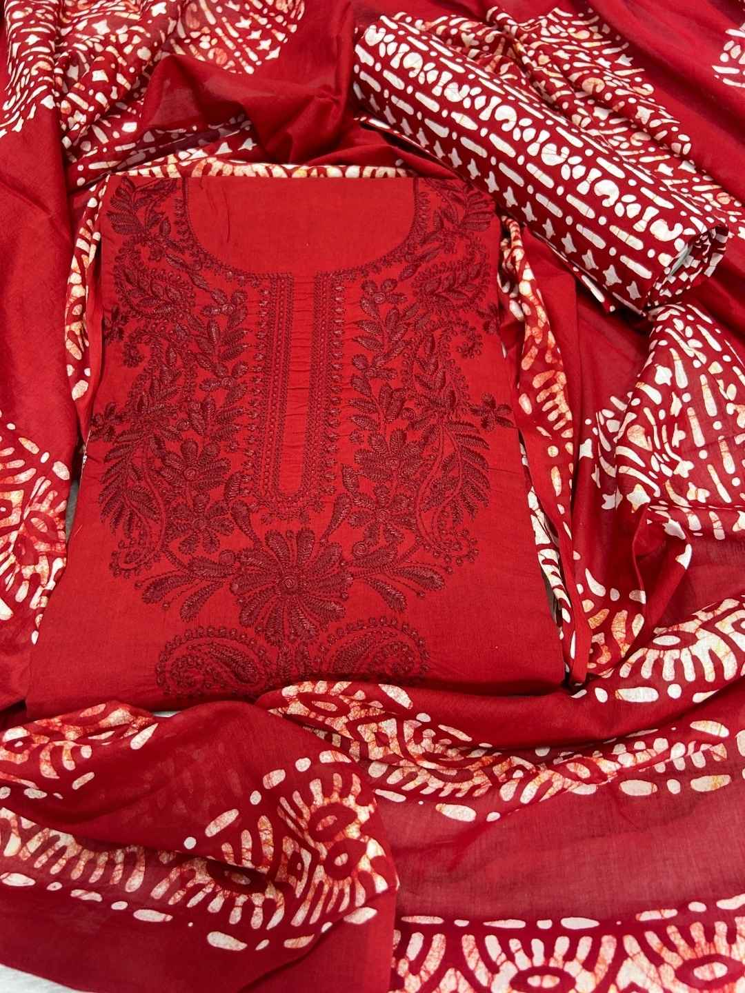 Bombay Batik Pure Cotton Dress Material Handblock Printed Lucknowi Batik – Red   Batik