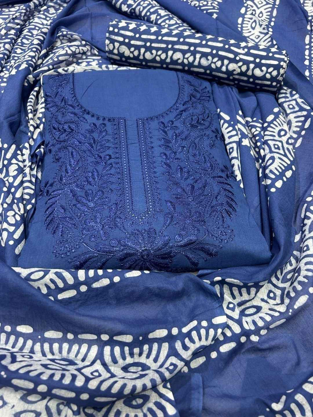 Bombay Batik Pure Cotton Dress Material Hand-Dyed Batik with Lucknowi Motifs – Indigo Batik