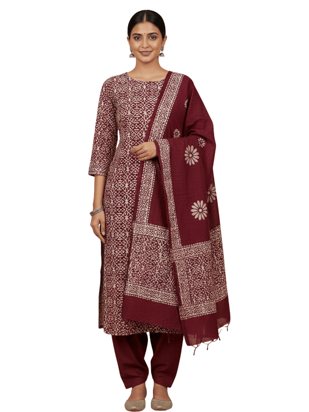 Bombay Batik Pure Cotton Nirali Dress Material Batik Handwork – Maroon Colour