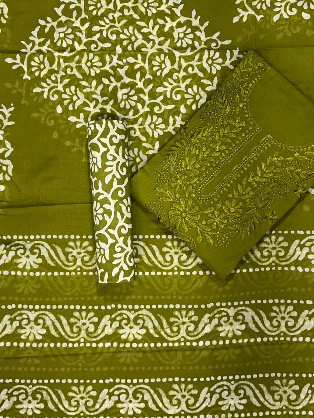 Bombay Batik Pure Cotton Dress Material Handcrafted Batik in Chikankari Style – Mehndi Batik