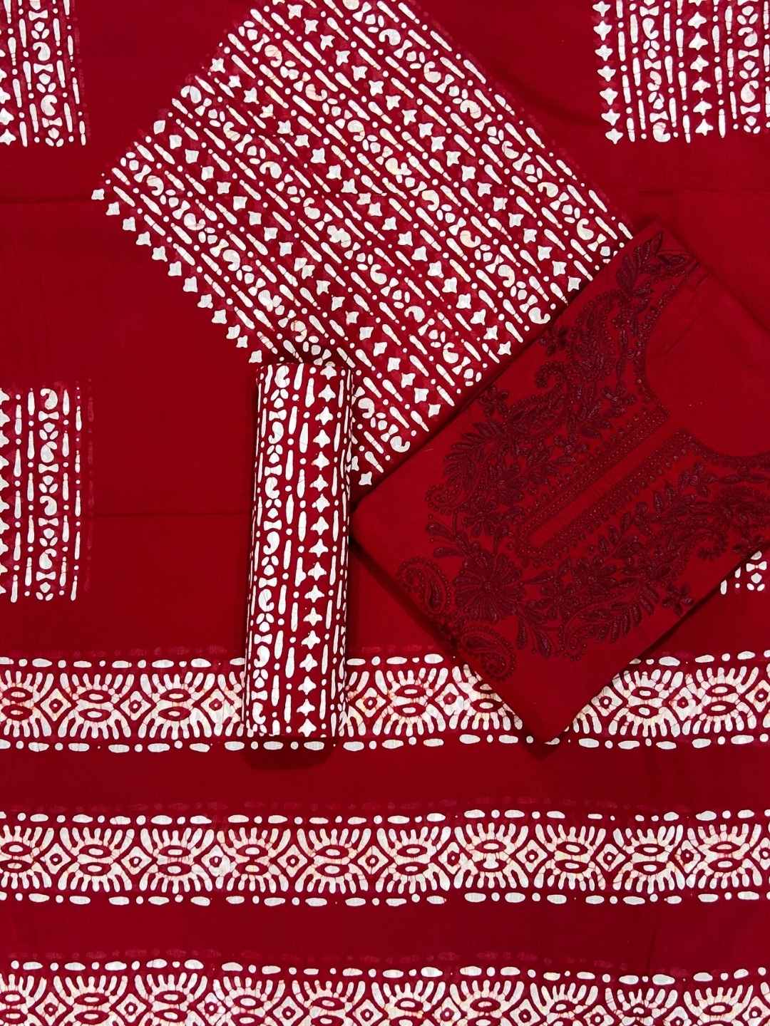 Bombay Batik Pure Cotton Dress Material Handblock Printed Lucknowi Batik – Red   Batik