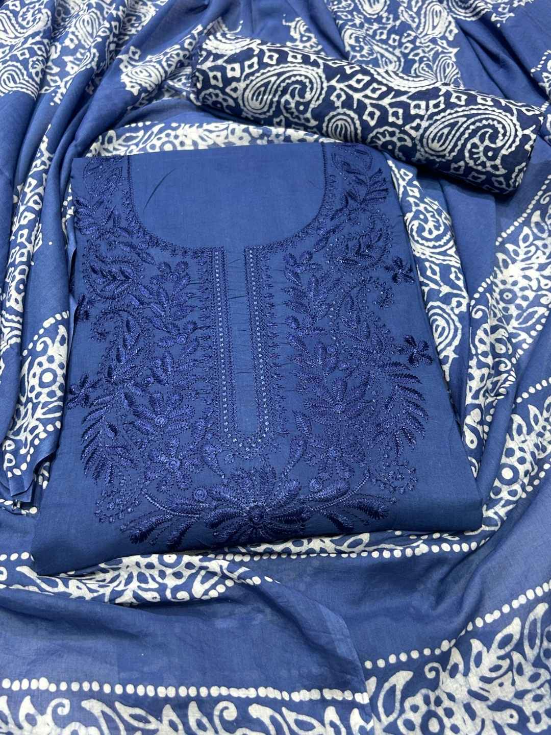 Bombay Batik Women's Pure Cotton Hand Dyed Lucknowi Batik Dress Material with Cotton Dupatta (Indigo) | Dress Material for Women