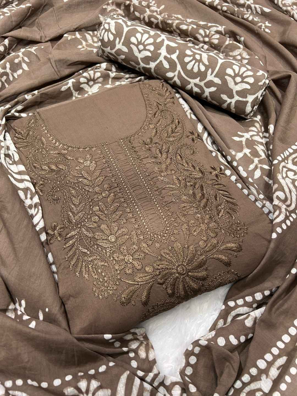 Bombay Batik Pure Cotton Dress Material Lucknowi Pattern Batik Printing – Lakda Brown Batik