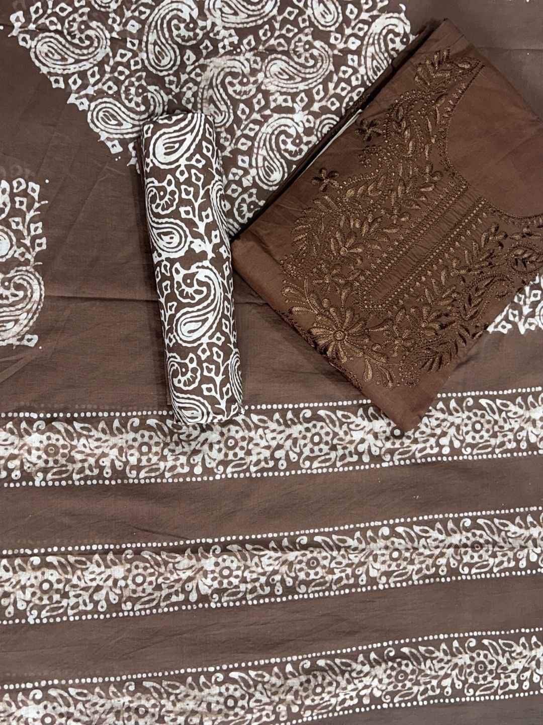 Bombay Batik Pure Cotton Dress Material Handcrafted Fusion of Batik & Lucknowi Art – Lakda Brown Batik