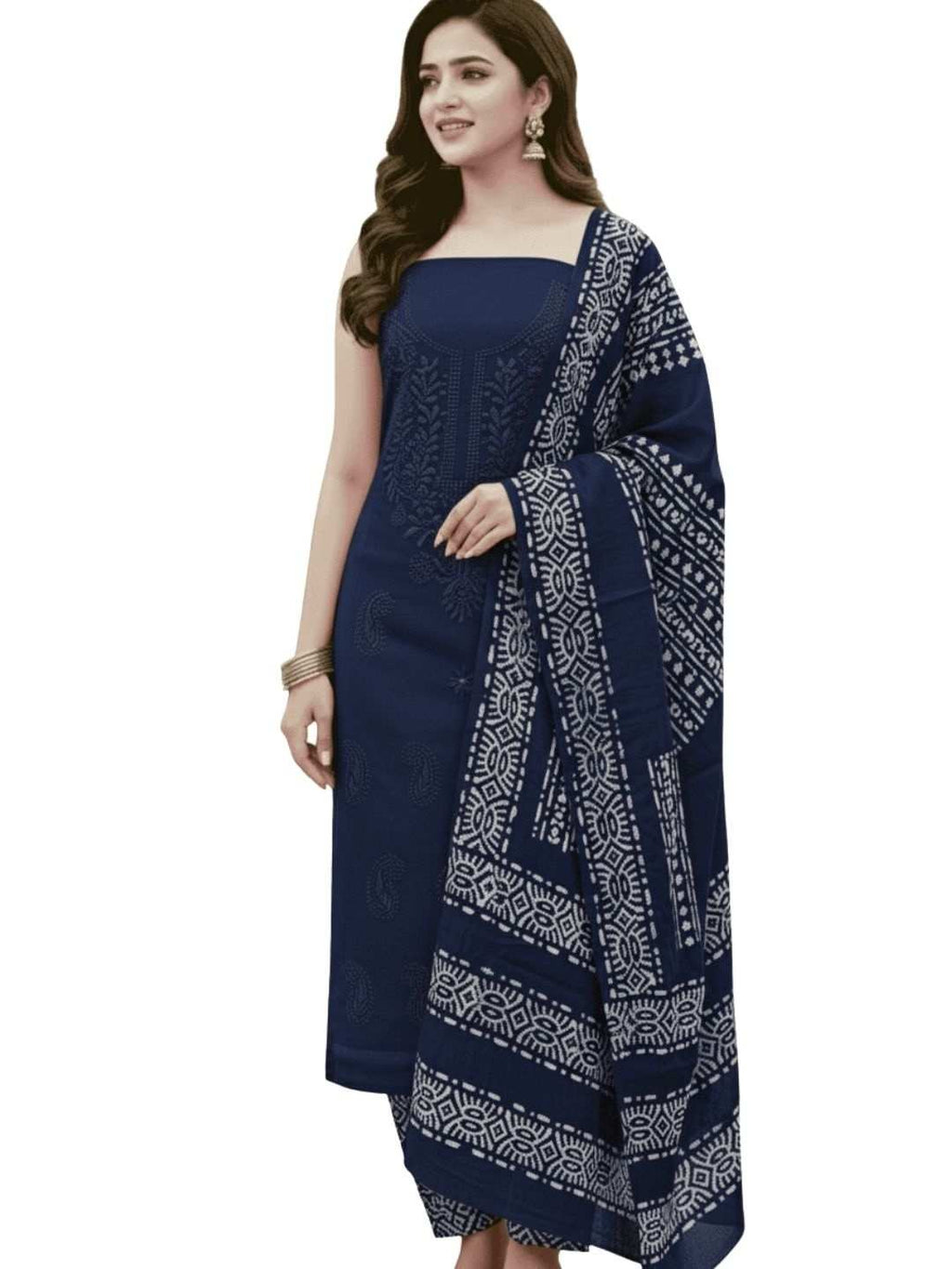 Bombay Batik Pure Cotton Dress Material Batik with Lucknowi-Inspired Embroidery Motifs – Navy Blue Batik