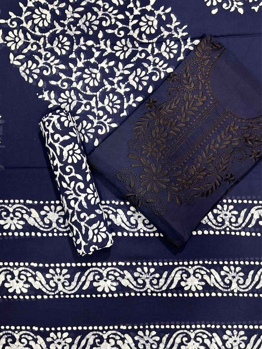 Bombay Batik Pure Cotton Dress Material Batik with Lucknowi-Inspired Embroidery Motifs – Navy Blue Batik