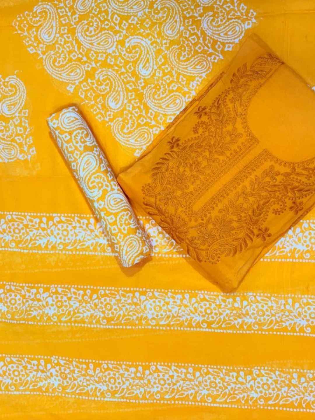 Bombay Batik Women's Pure Cotton Hand Dyed Lucknowi Batik Dress Material with Cotton Dupatta (Yellow) | Dress Material for Women