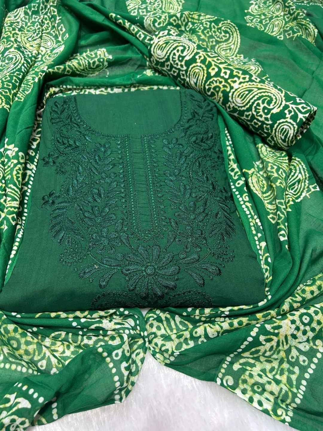 Bombay Batik Women's Pure Cotton Hand Dyed Lucknowi Batik Dress Material with Cotton Dupatta (Green) | Dress Material for Women