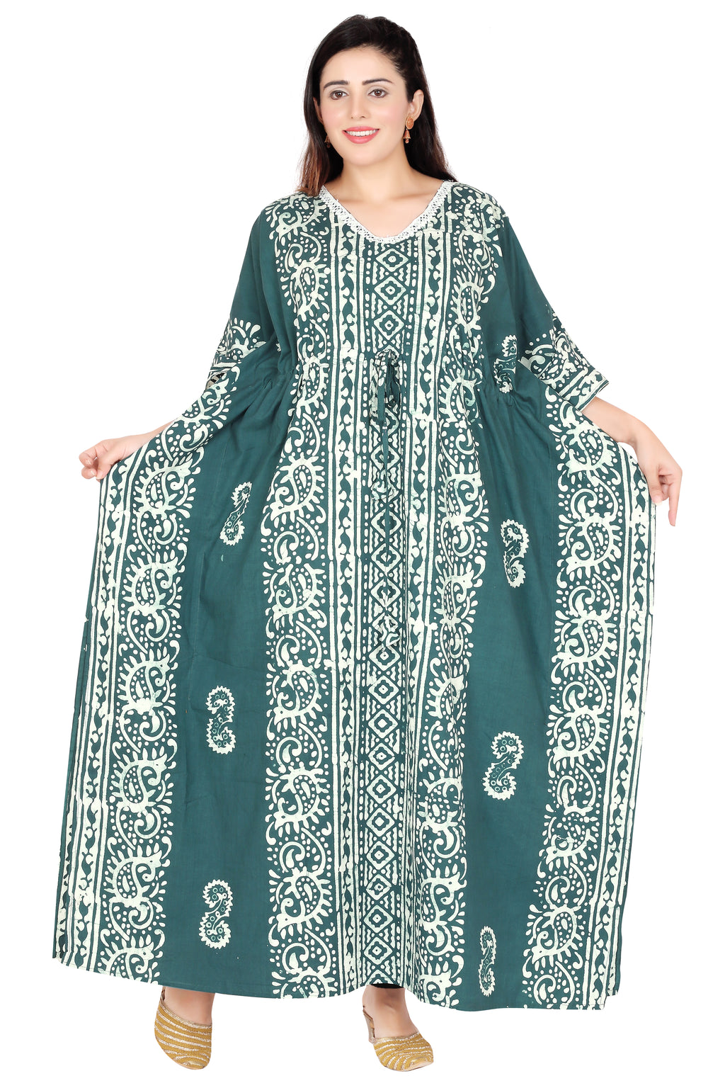 Bombay Batik Pure Cotton Kaftan Hand Block Printing – Teal Green Colour