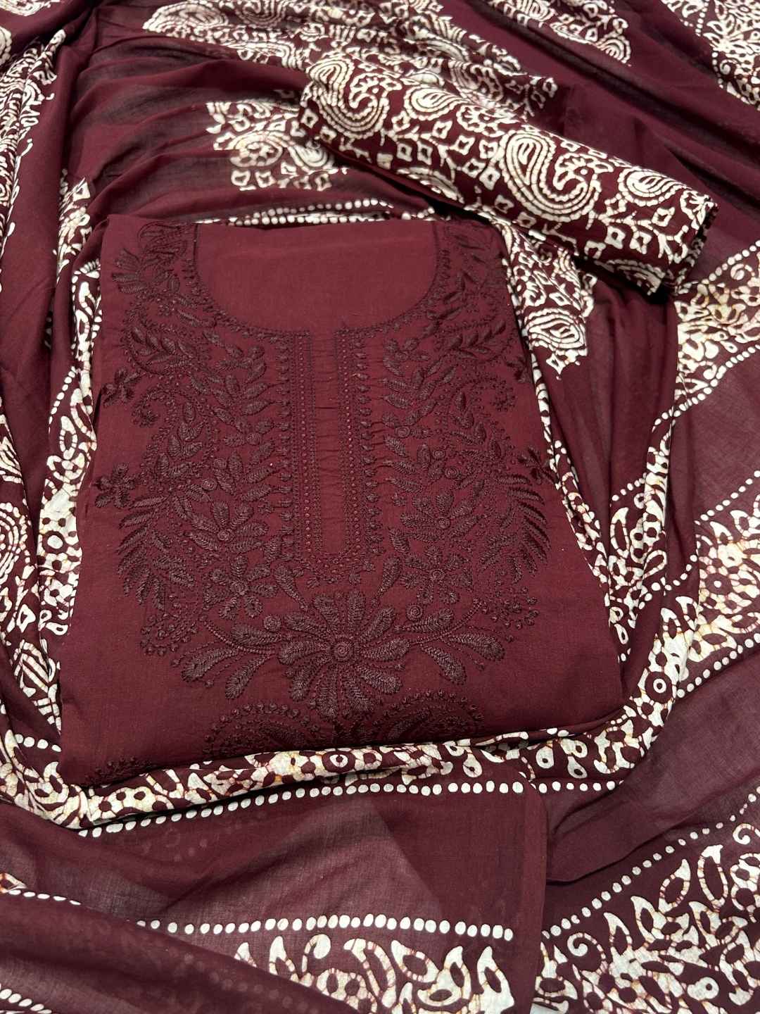 Bombay Batik Women's Pure Cotton Hand Dyed Lucknowi Batik Dress Material with Cotton Dupatta (Maroon) | Dress Material for Women