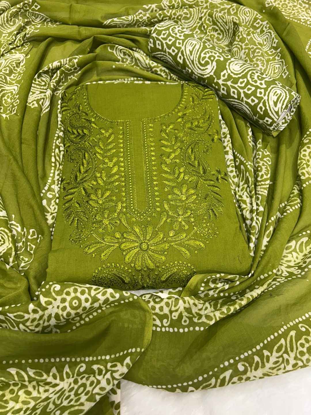 Bombay Batik Pure Cotton Dress Material Intricate Batik with Lucknowi Embroidery Feel – Mehndi Batik