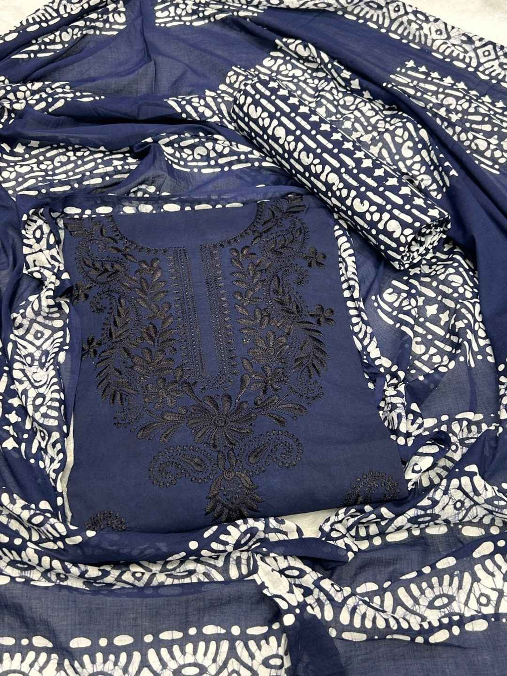 Bombay Batik Pure Cotton Dress Material Batik with Lucknowi-Inspired Embroidery Motifs – Navy Blue Batik