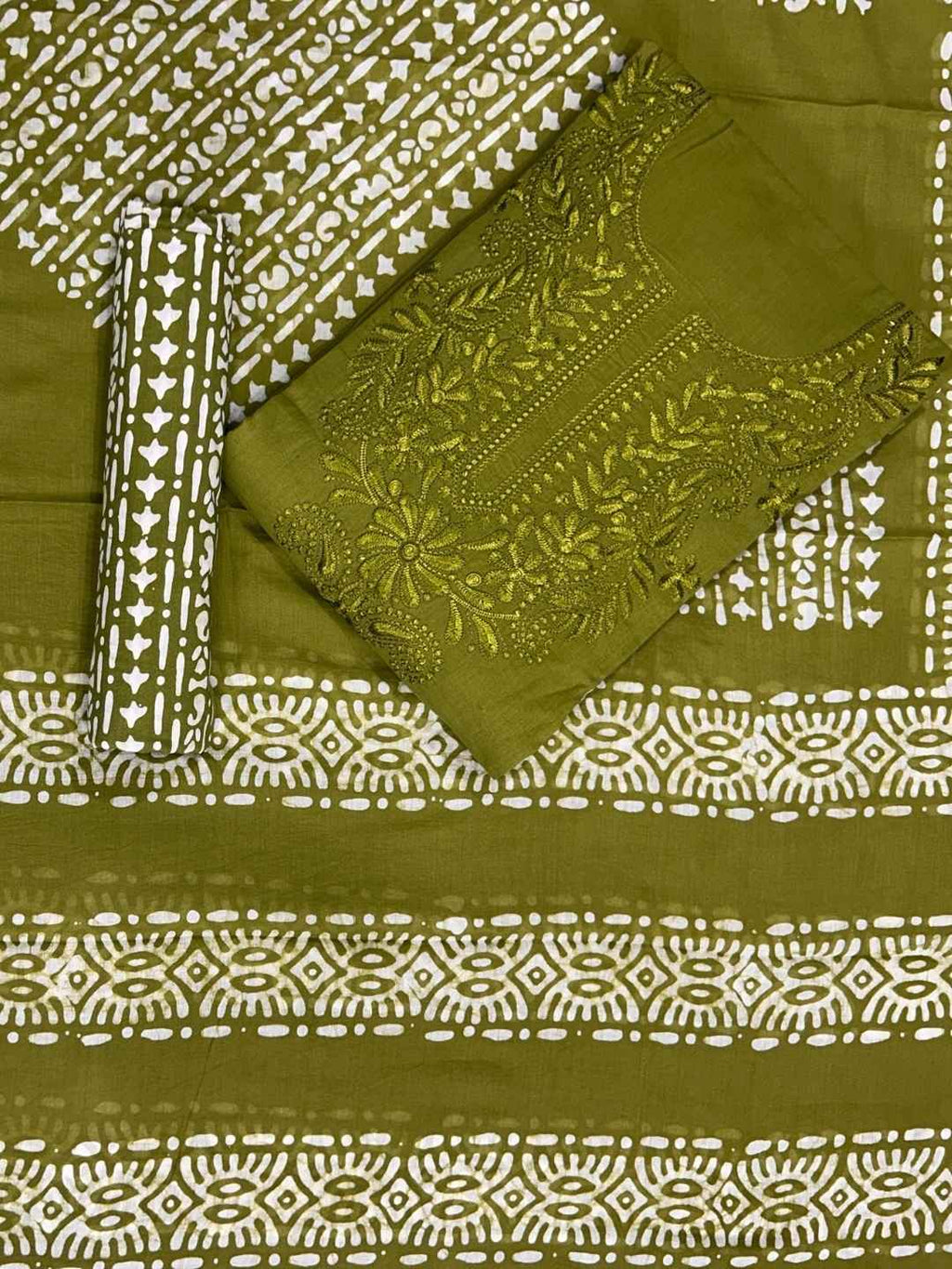 Bombay Batik Pure Cotton Dress Material Fusion Batik Printing with Lucknowi Work – Mehndi Batik