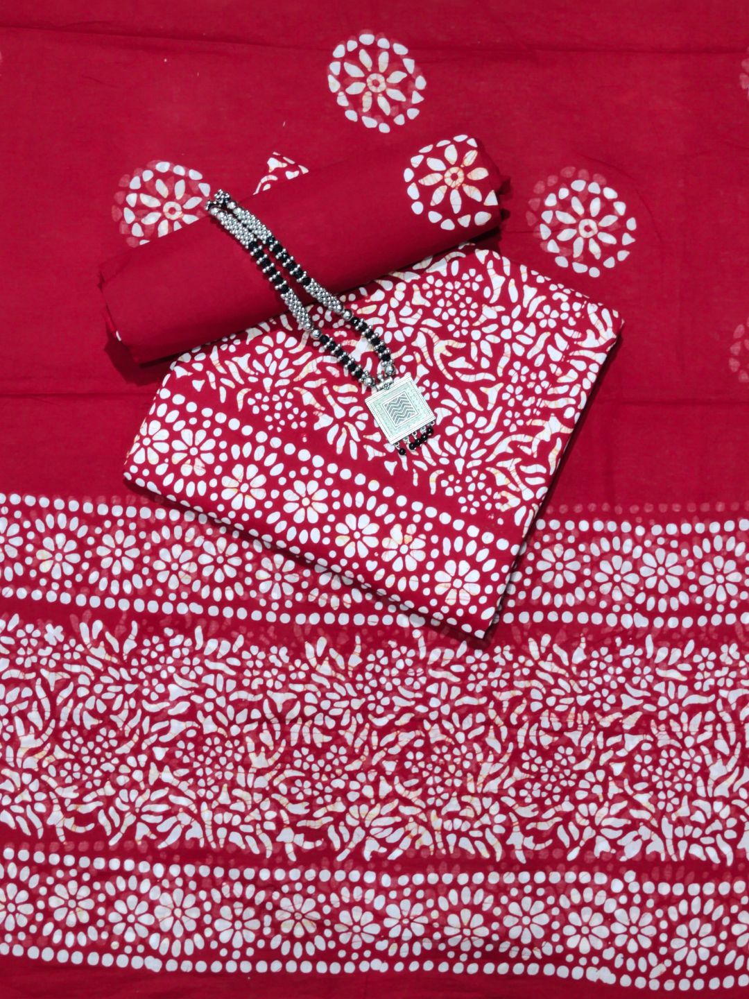 Bombay Batik Pure Cotton Dress Material Natural Dye Batik Printing – Red   Batik