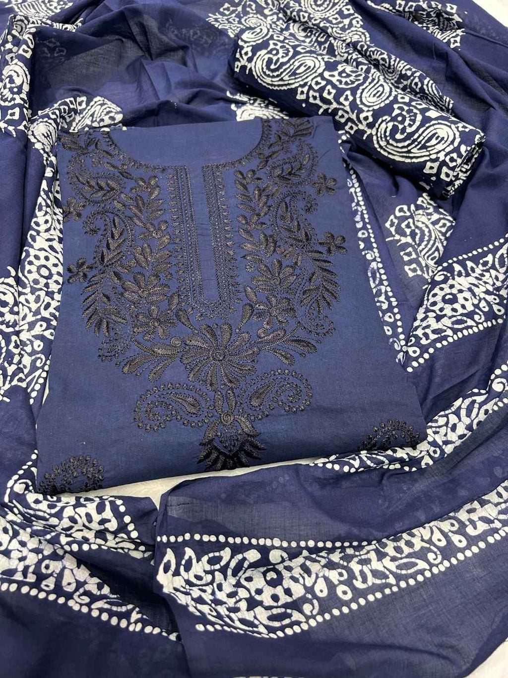 Bombay Batik Pure Cotton Dress Material Fusion Handblock Batik & Chikankari-Inspired Work – Navy Blue Batik