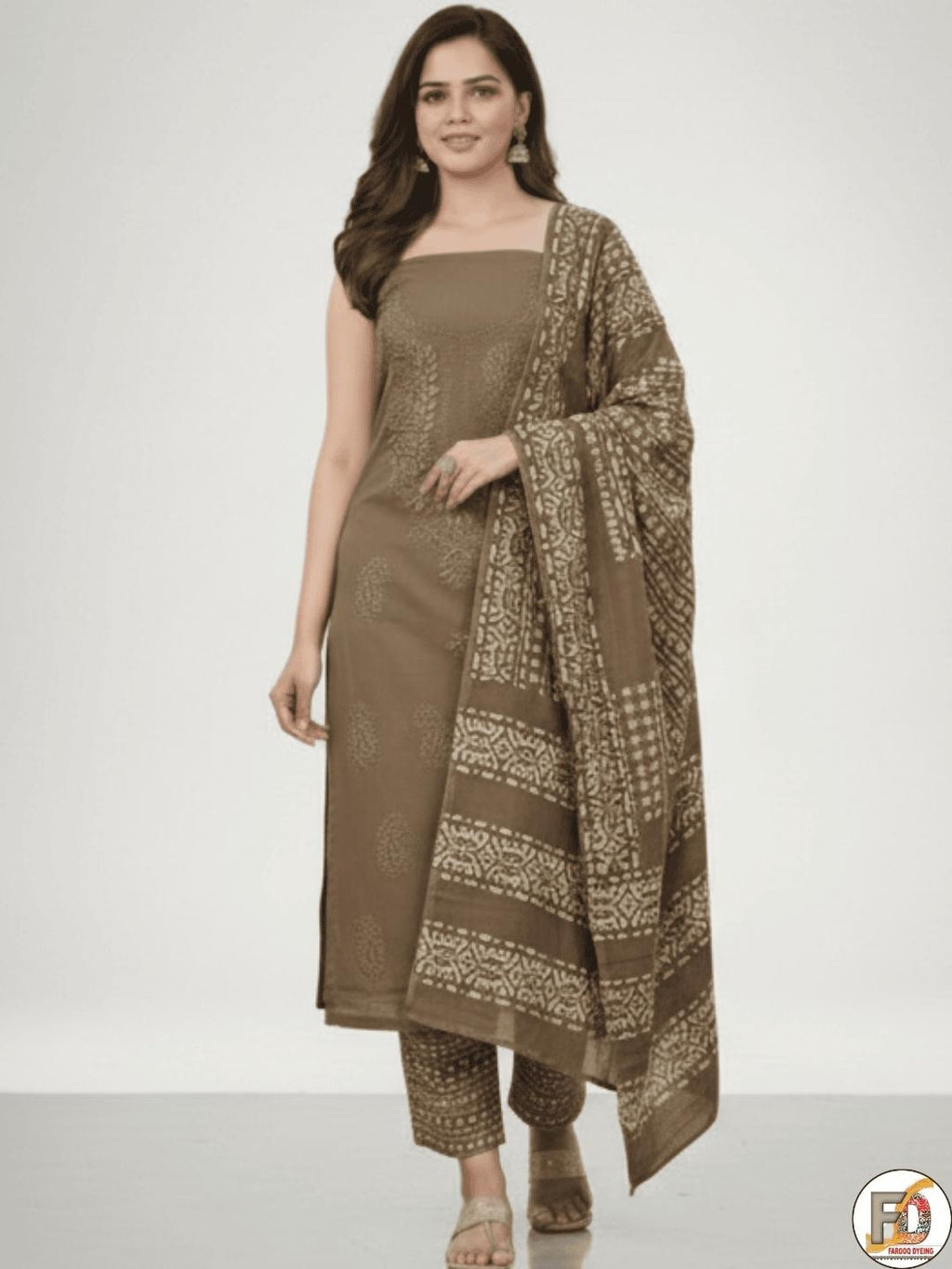 Bombay Batik Pure Cotton Dress Material Handcrafted Batik in Chikankari Style – Lakda Brown Batik