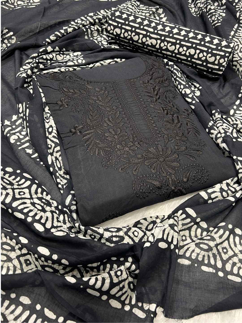 Bombay Batik Pure Cotton Dress Material Artisanal Batik & Lucknowi Detailing – Black Batik