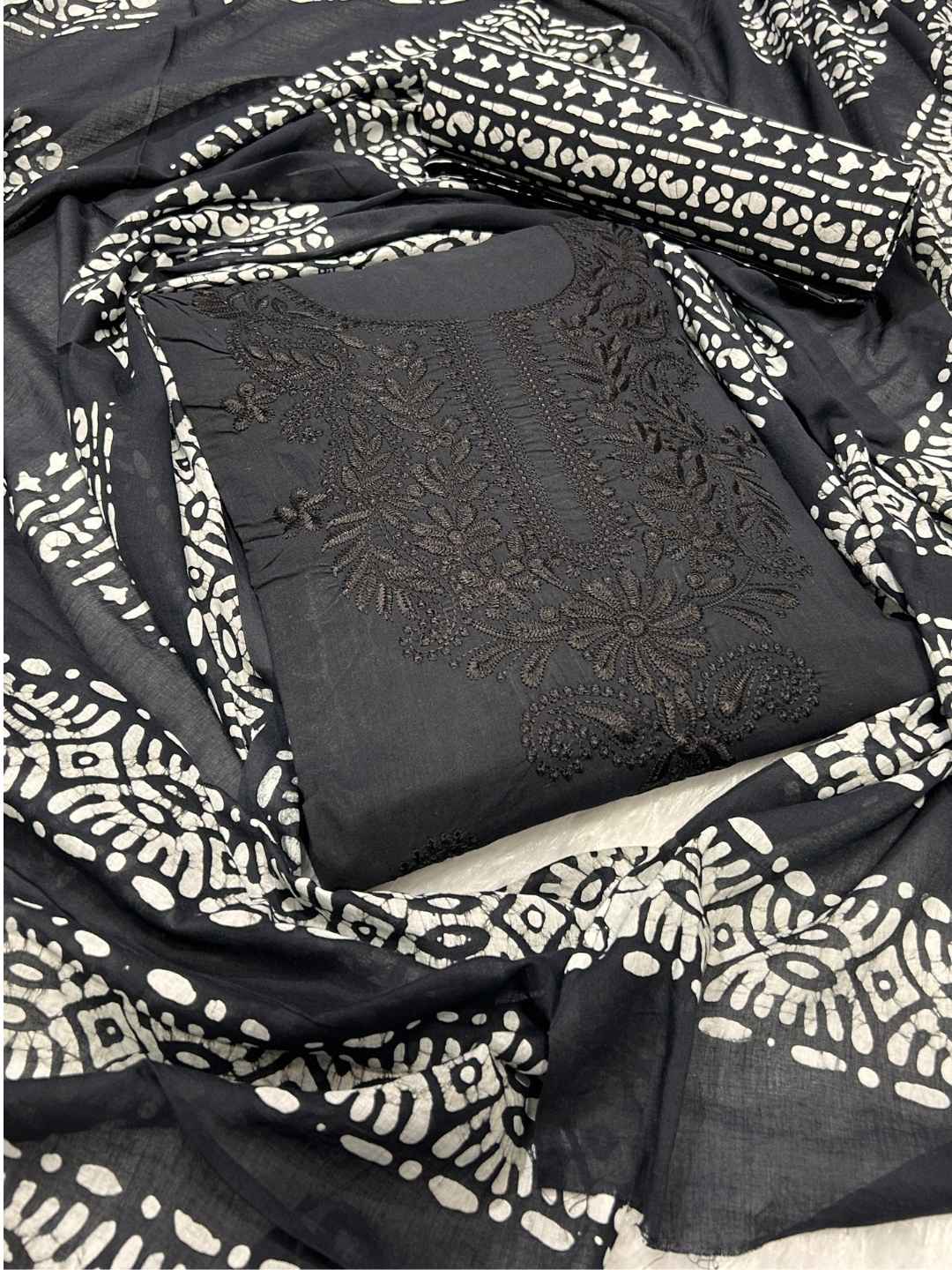 Bombay Batik Pure Cotton Dress Material Artisanal Batik & Lucknowi Detailing – Black Batik