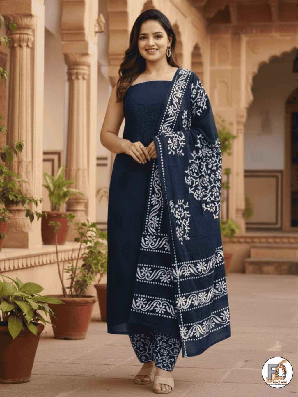 Bombay Batik Pure Cotton Dress Material Batik with Lucknowi-Inspired Embroidery Motifs – Navy Blue Batik