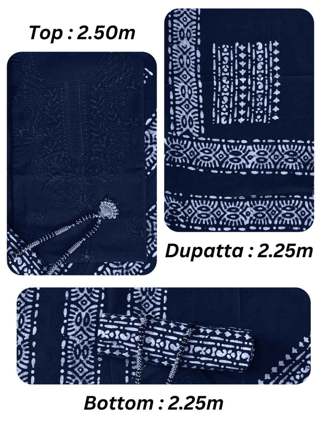 Bombay Batik Pure Cotton Dress Material Fusion Handblock Batik & Chikankari-Inspired Work – Navy Blue Batik