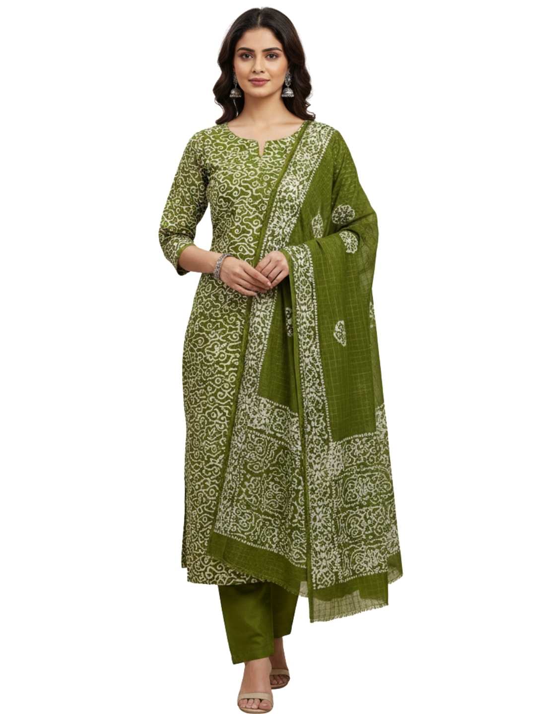 Bombay Batik Pure Cotton Nirali Dress Material Batik Handwork – Mehndi Colour